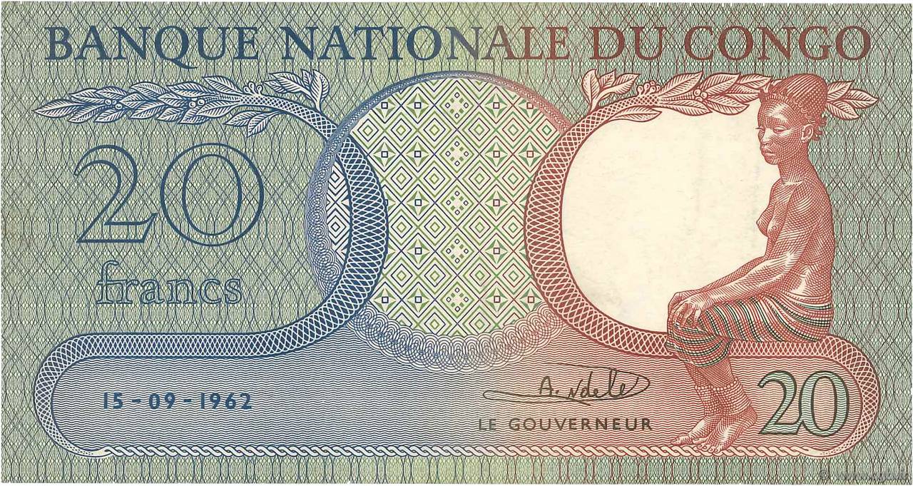 20 Francs CONGO, DEMOCRATIC REPUBLIC  1962 P.004a XF