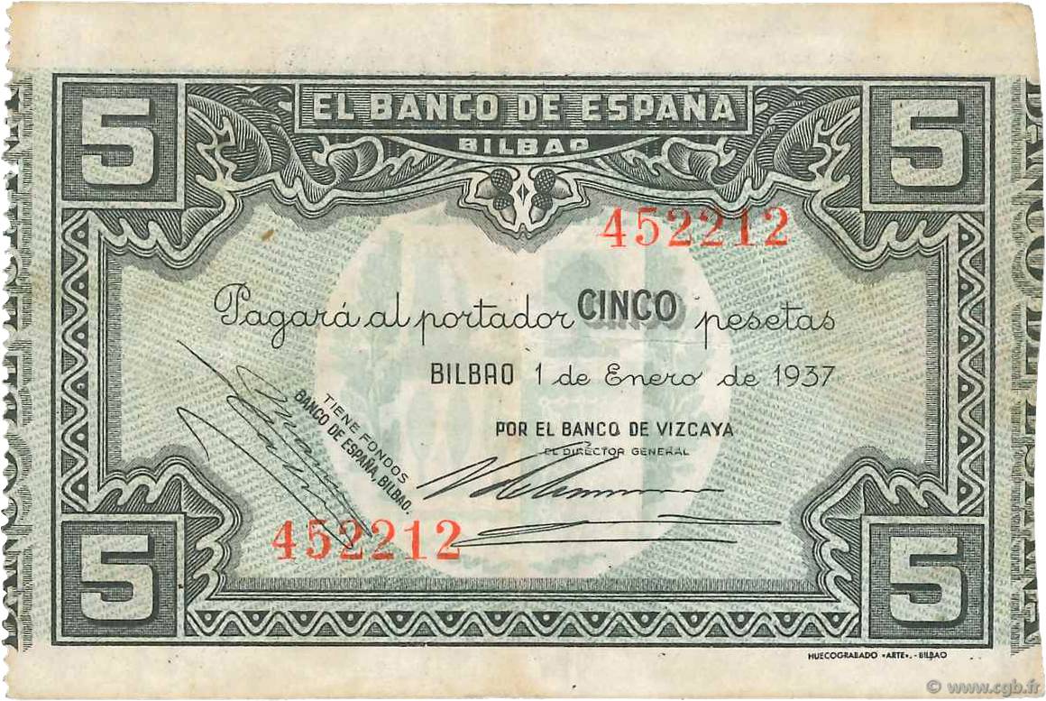 5 Pesetas SPAIN Bilbao 1937 PS.561f VF