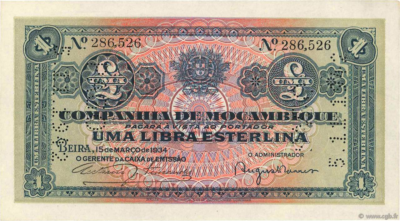 1 Libra MOZAMBIQUE Beira 1934 P.R31 AU