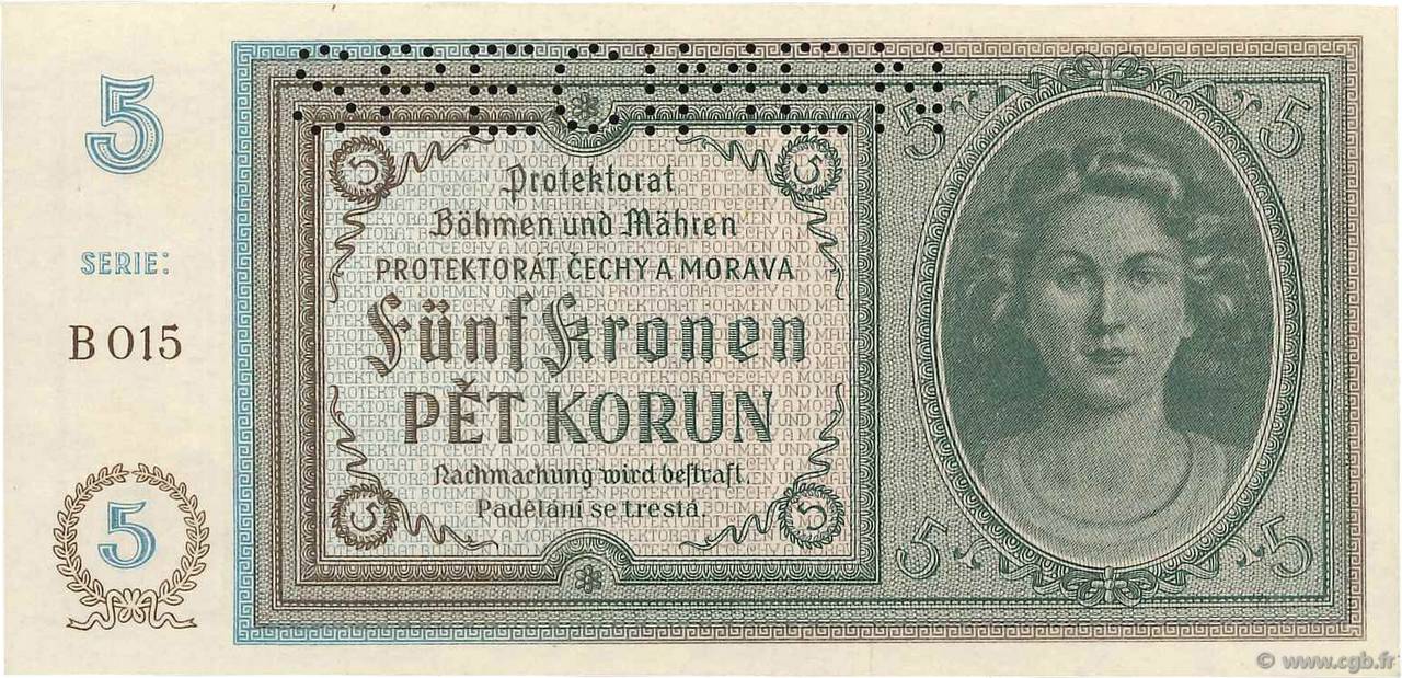 5 Korun Spécimen BöHMEN UND Mähren  1940 P.04s ST