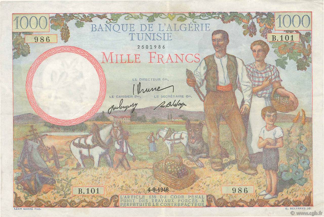 1000 Francs TUNESIEN  1946 P.26 SS