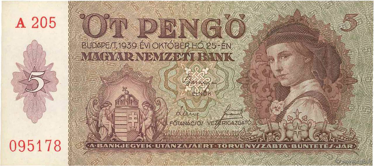 5 Pengö HUNGARY  1939 P.106 AU