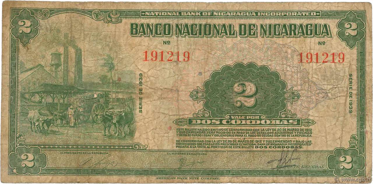 2 Cordobas NICARAGUA  1939 P.064a RC+