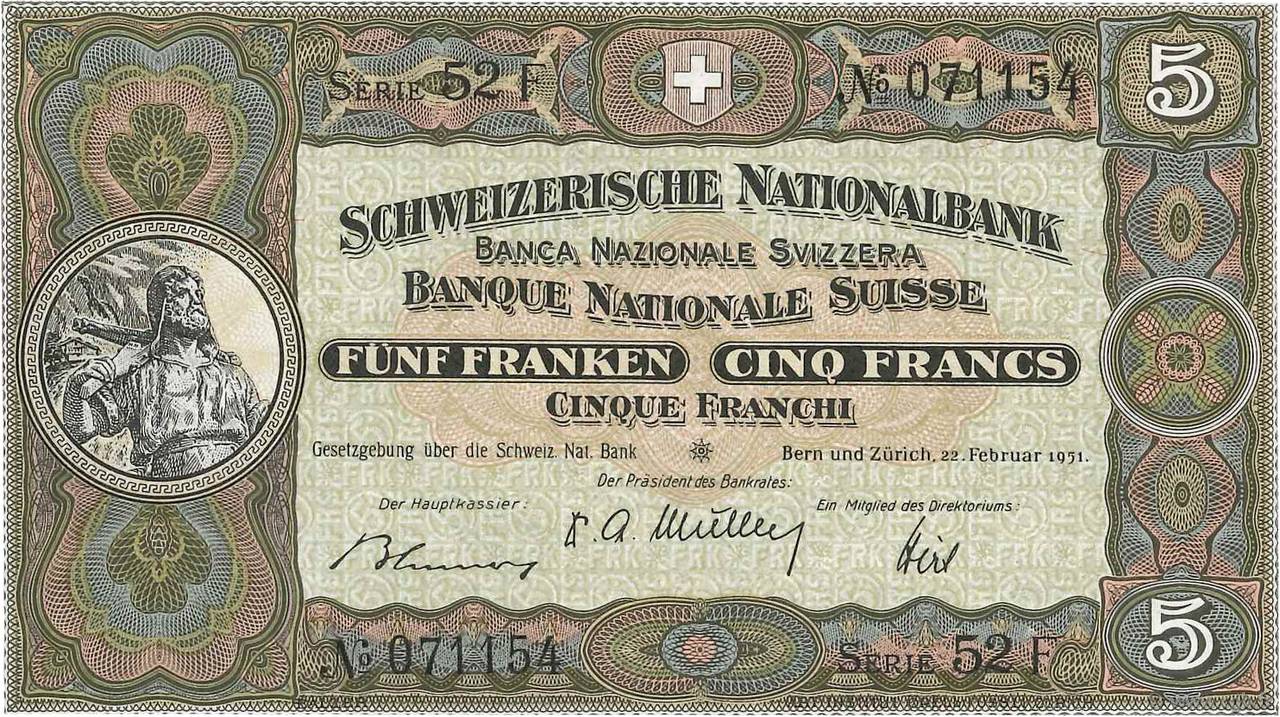 5 Francs SUISSE  1951 P.11o SPL
