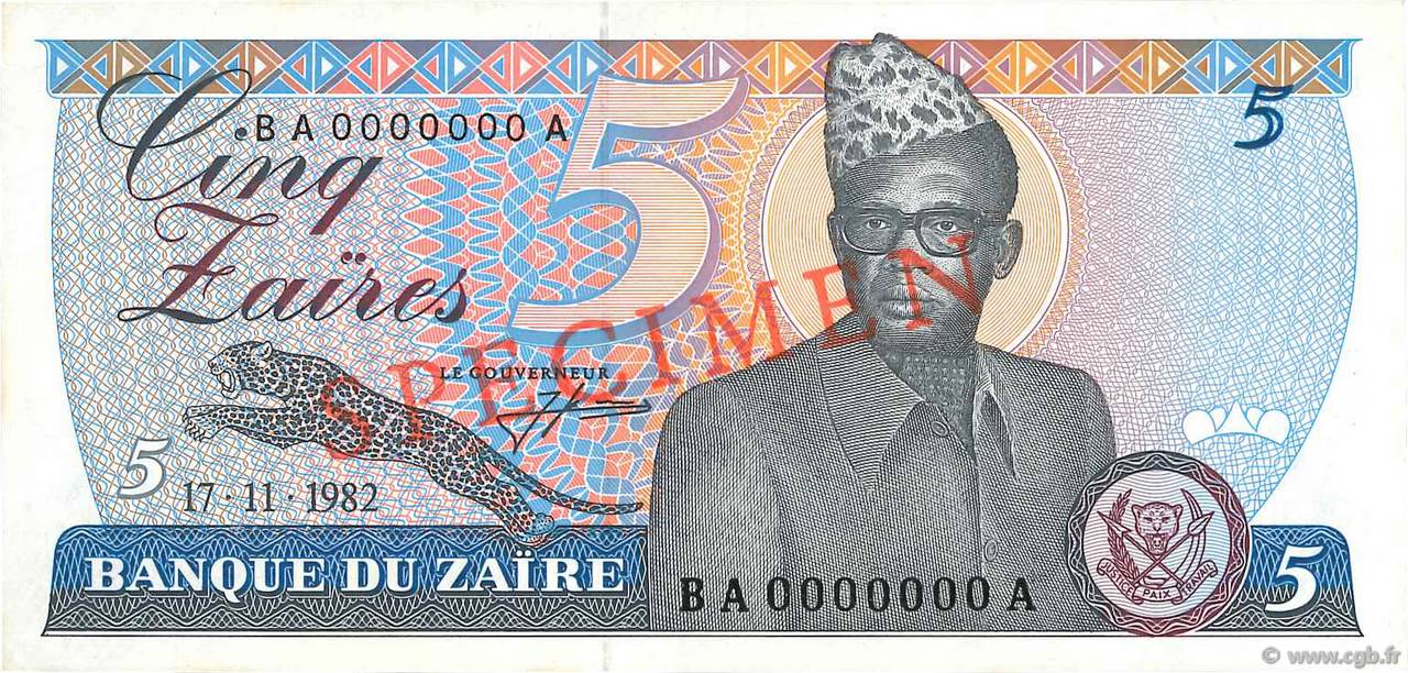 5 Zaïres Spécimen ZAÏRE  1982 P.26s pr.NEUF