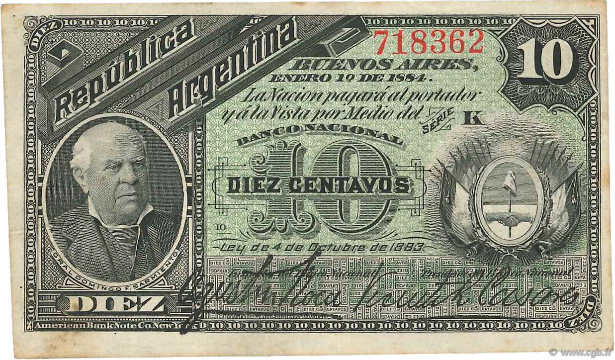 10 Centavos ARGENTINA  1884 P.006 VF