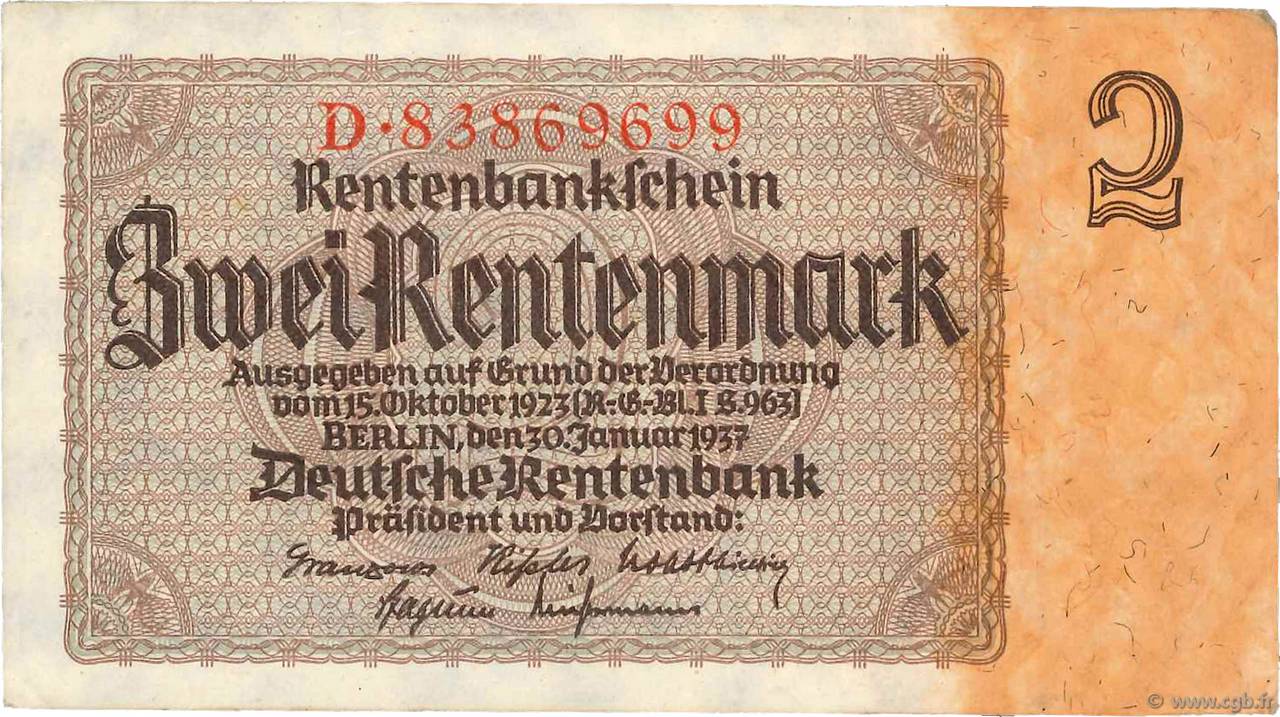 2 Rentenmark GERMANY  1937 P.174b AU