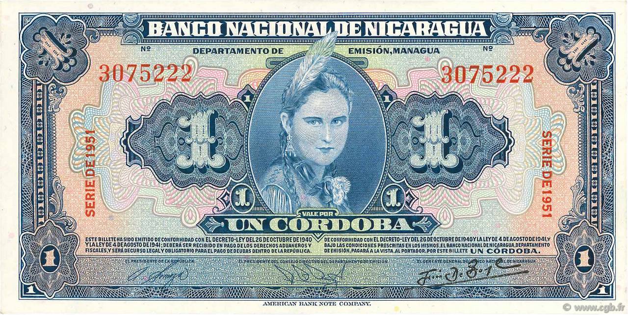 1 Cordoba NICARAGUA  1951 P.091b q.FDC
