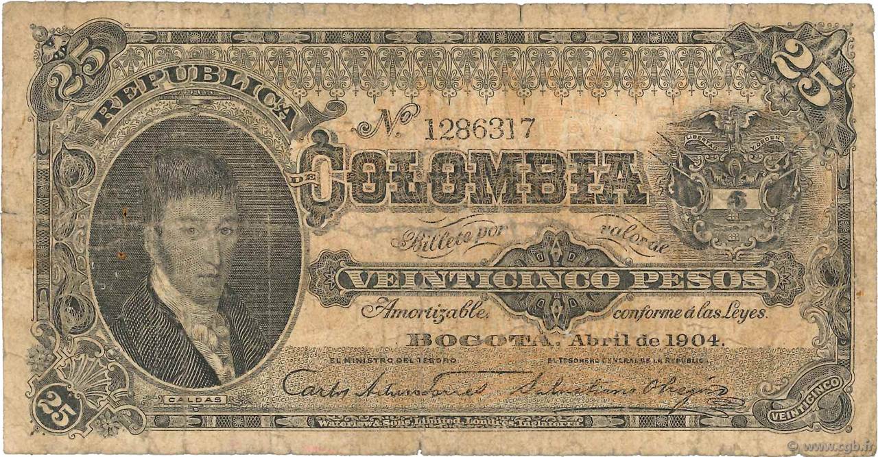 25 Pesos COLOMBIA  1904 P.313 VG