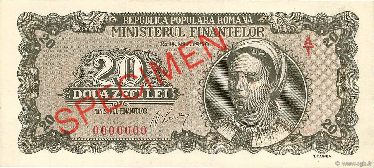 20 Lei Spécimen ROMANIA  1950 P.084s UNC-