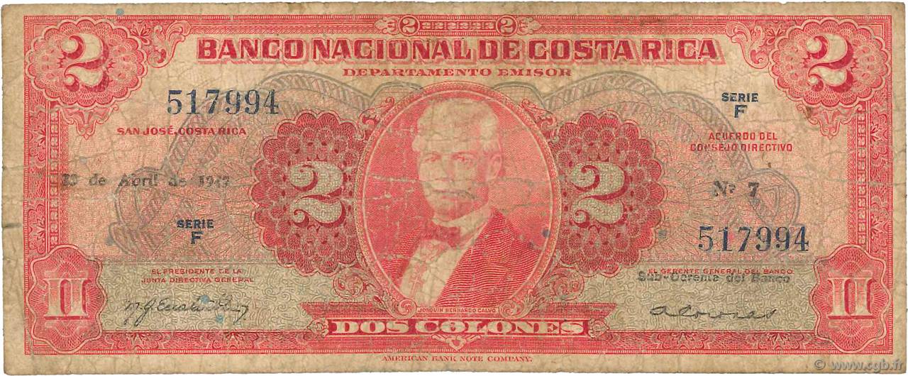 2 Colones COSTA RICA  1947 P.203b SGE