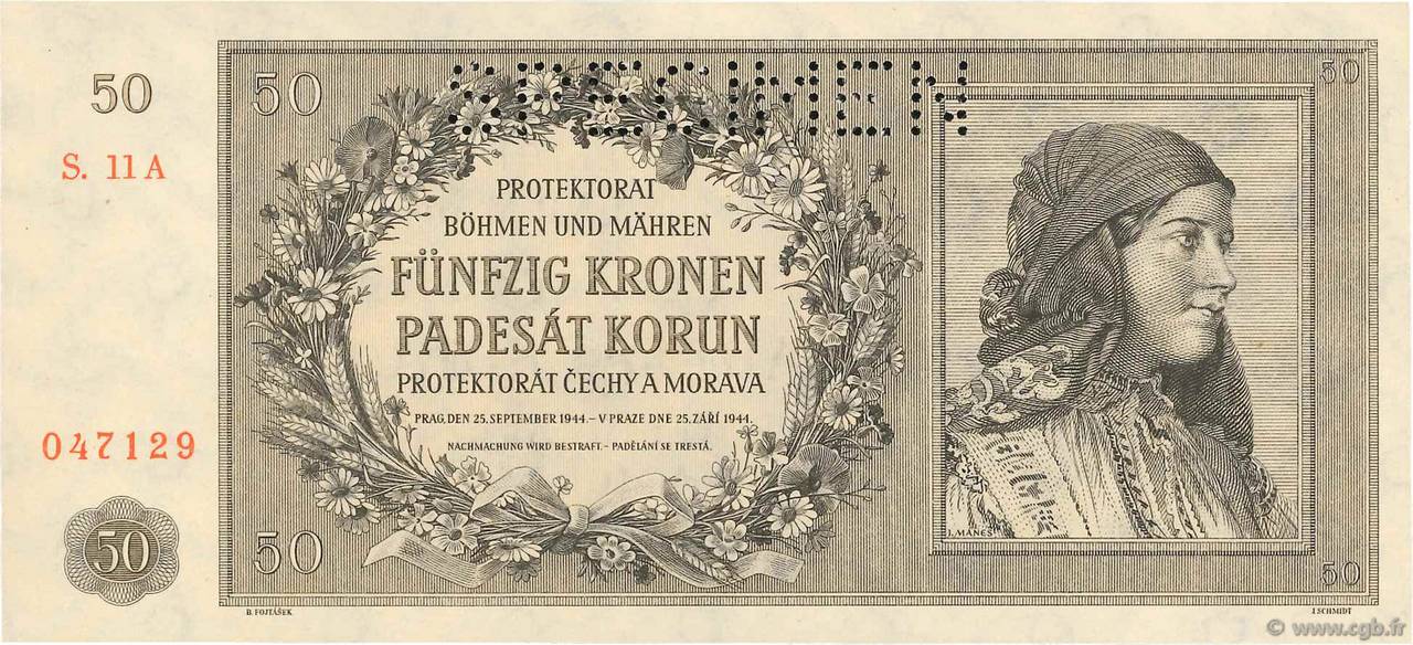 50 Korun Spécimen BOHEMIA & MORAVIA  1944 P.10s UNC-