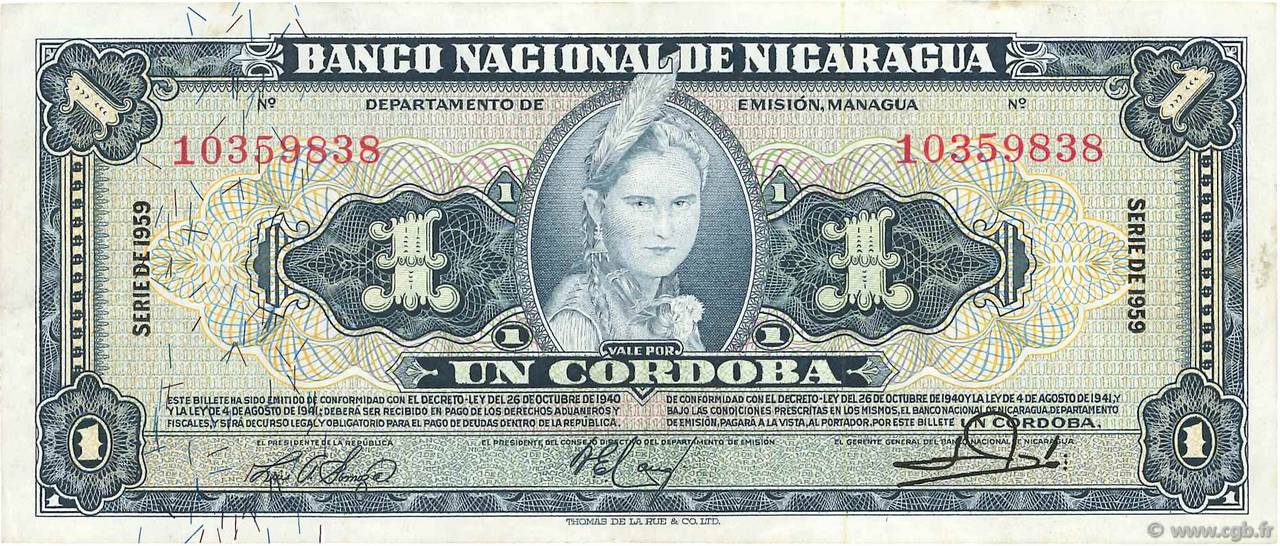 1 Cordoba NICARAGUA  1959 P.099c TTB+