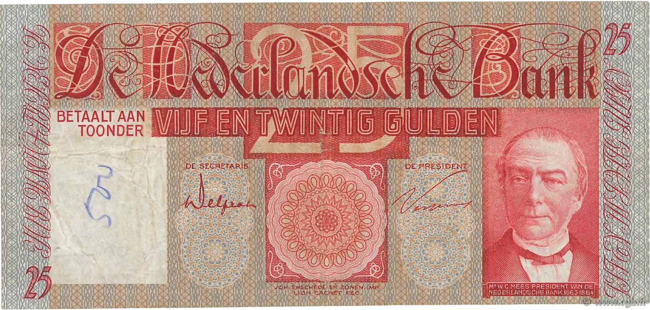 25 Gulden NETHERLANDS  1941 P.050 F+