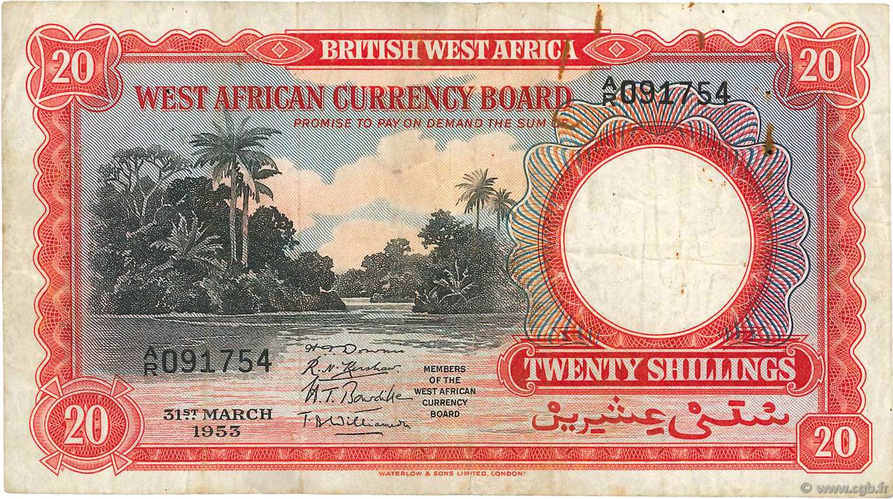 20 Shillings AFRIQUE OCCIDENTALE BRITANNIQUE  1953 P.10a TB