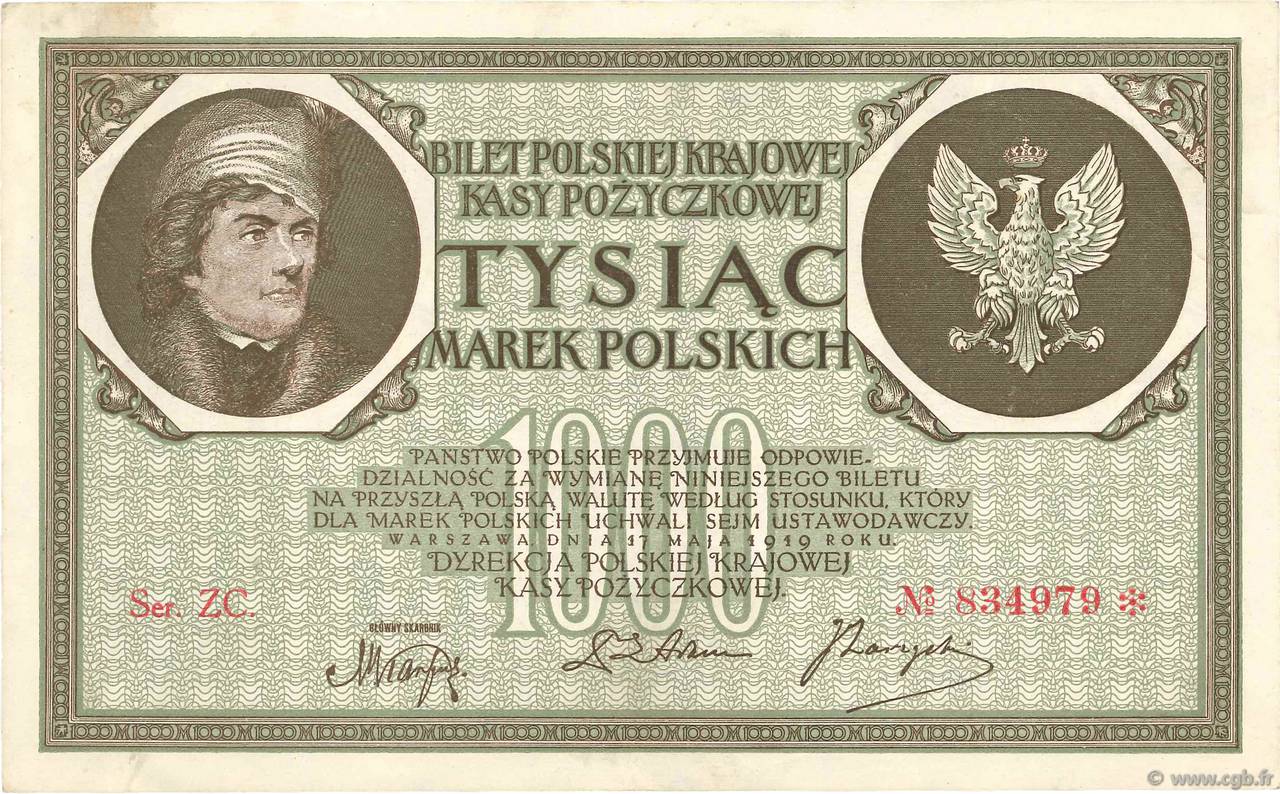 1000 Marek POLONIA  1919 P.022d MBC+