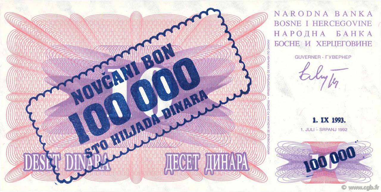 100000 Dinara BOSNIE HERZÉGOVINE  1993 P.034a NEUF