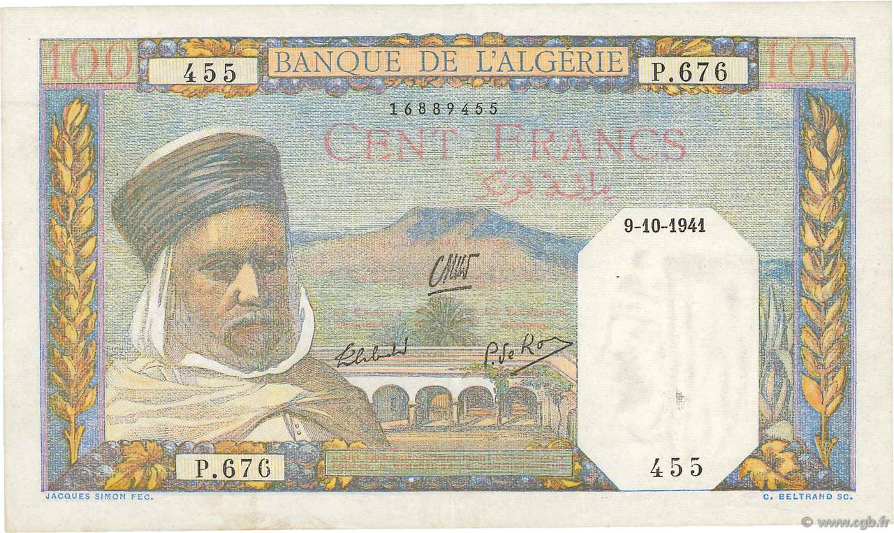 100 Francs ALGERIA  1941 P.085 VF+