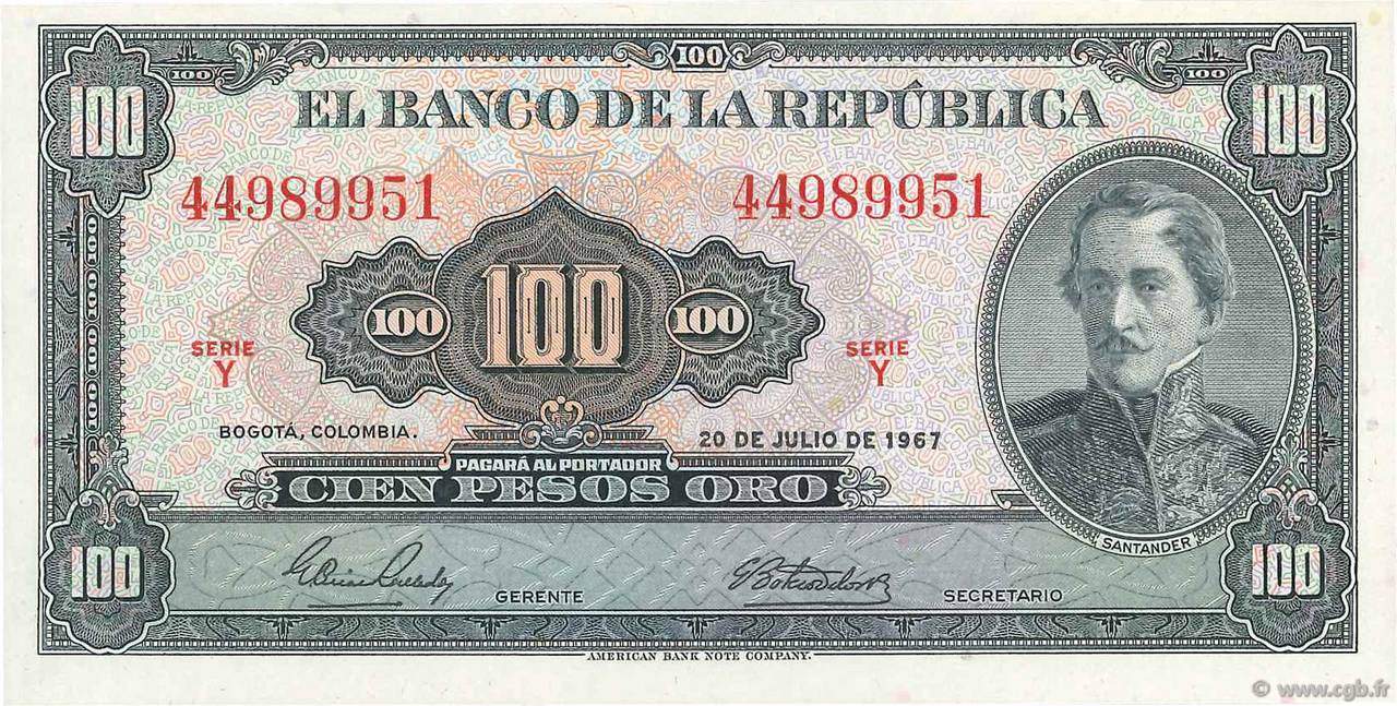 100 Pesos Oro COLOMBIE  1967 P.403c NEUF