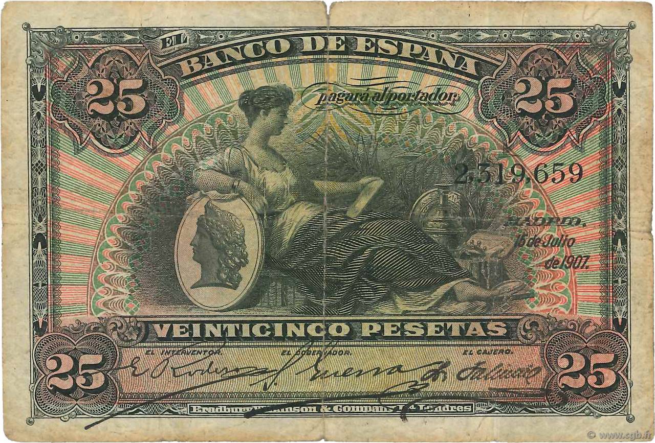 25 Pesetas ESPAÑA  1907 P.062a RC+