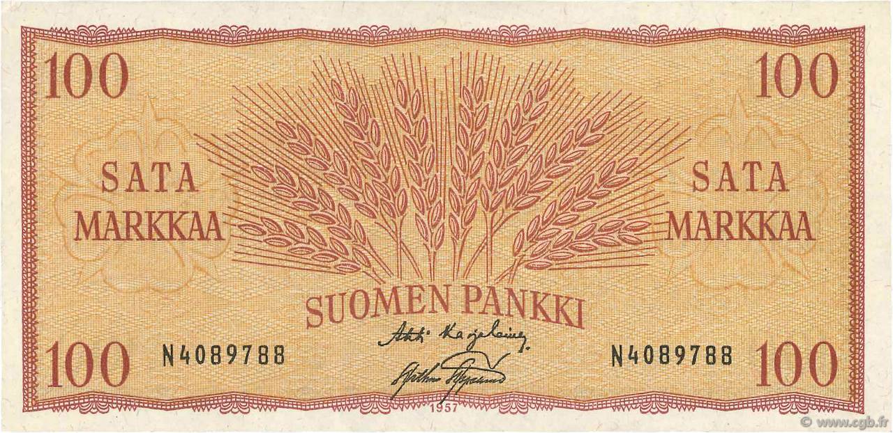 100 Markkaa FINLAND  1957 P.097a XF+