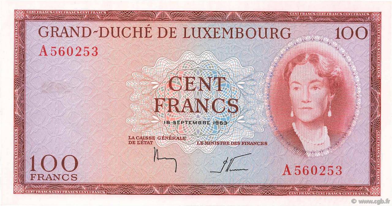 100 Francs LUSSEMBURGO  1963 P.52 AU+