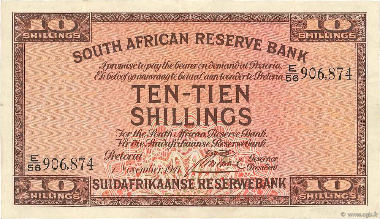 10 Shillings SOUTH AFRICA  1941 P.082d VF
