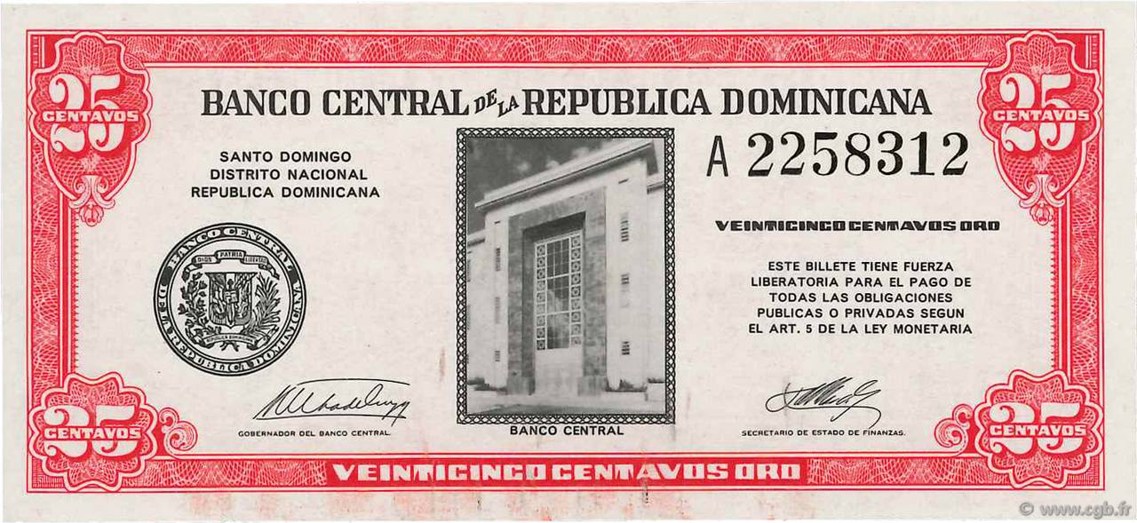 25 Centavos Oro RÉPUBLIQUE DOMINICAINE  1961 P.087a UNC-
