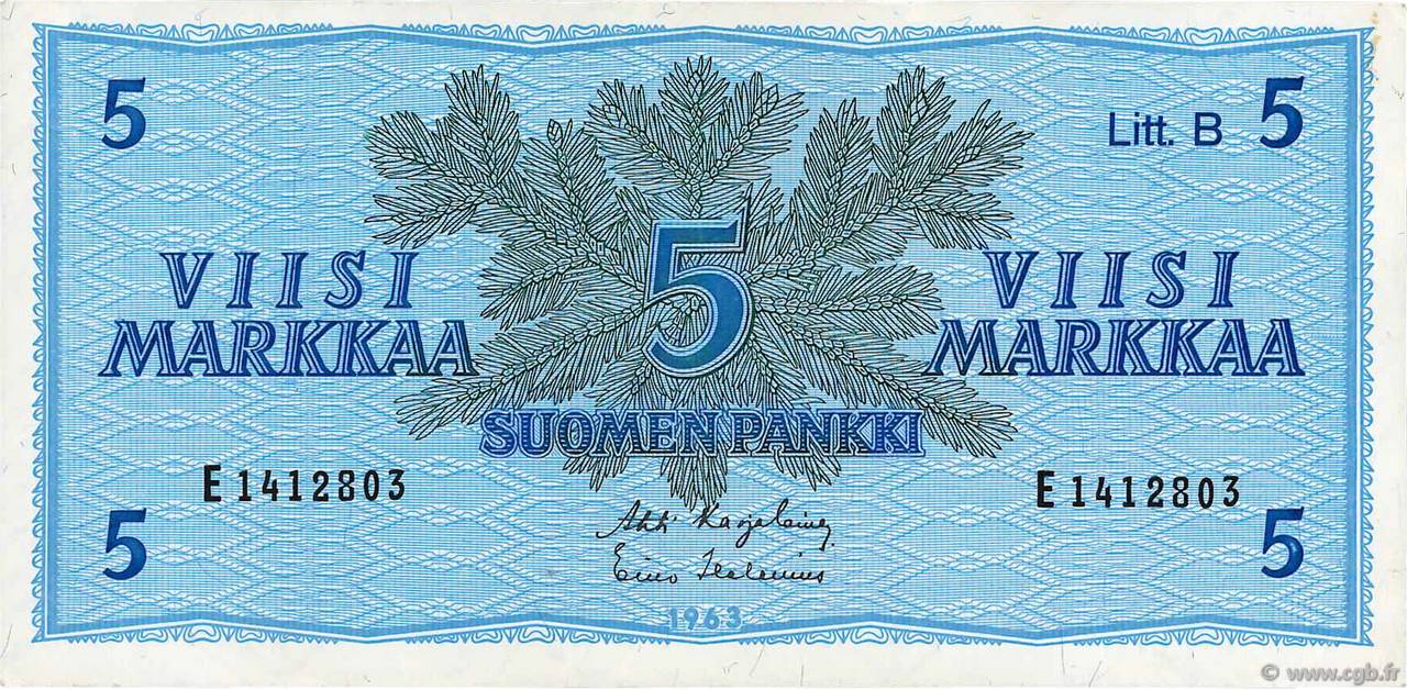5 Markkaa FINLANDE  1963 P.106Aa TTB