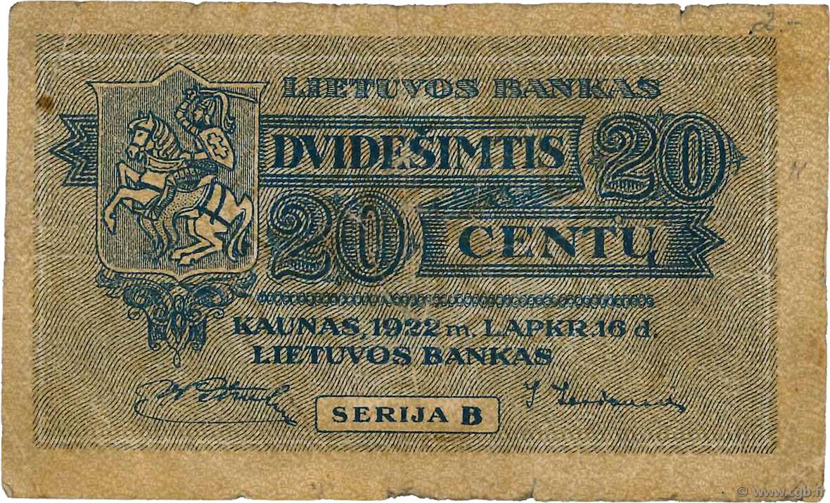 20 Centu LITHUANIA  1922 P.11a F
