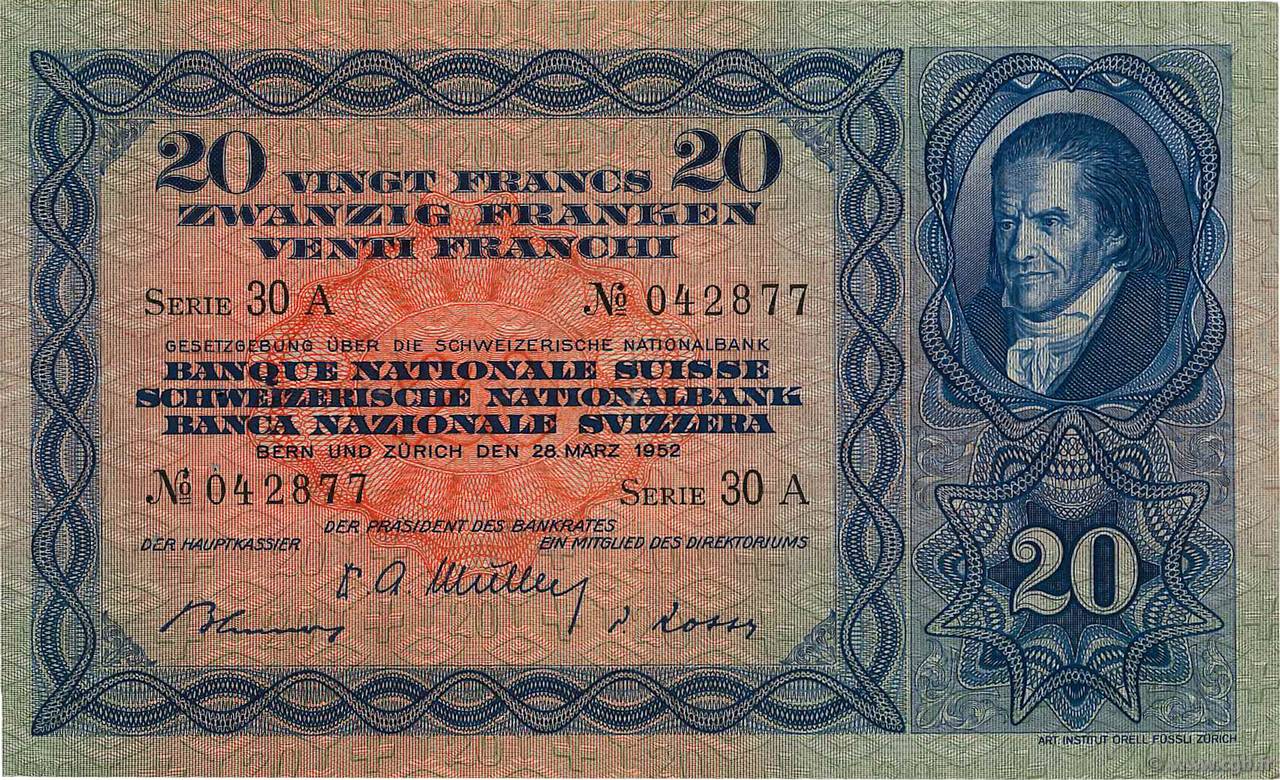 20 Francs SWITZERLAND  1952 P.39t VF