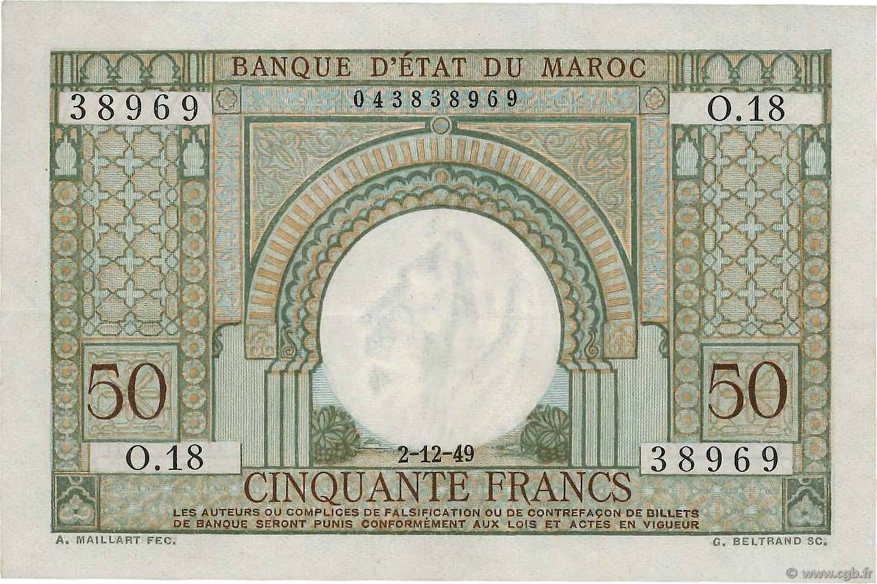 50 Francs MOROCCO  1949 P.44 XF