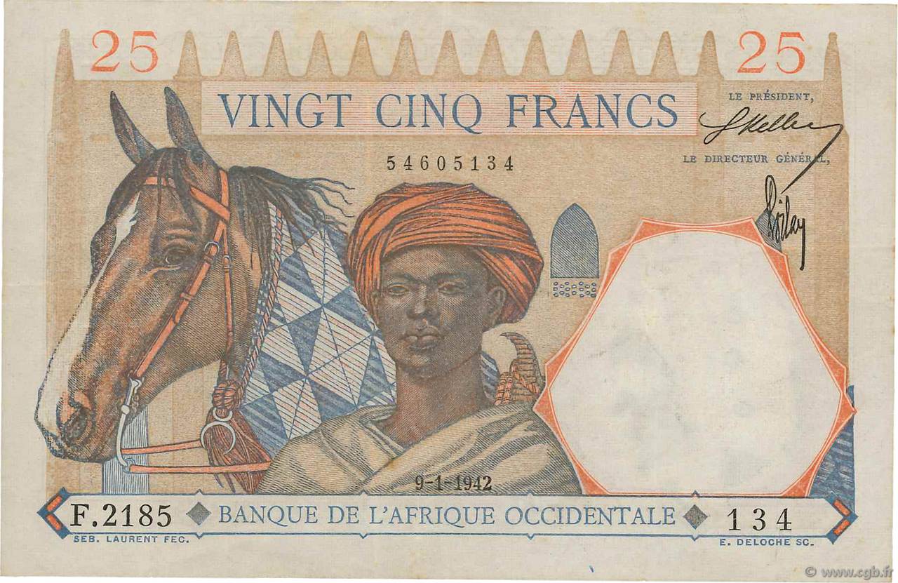 25 Francs FRENCH WEST AFRICA  1942 P.27 VF