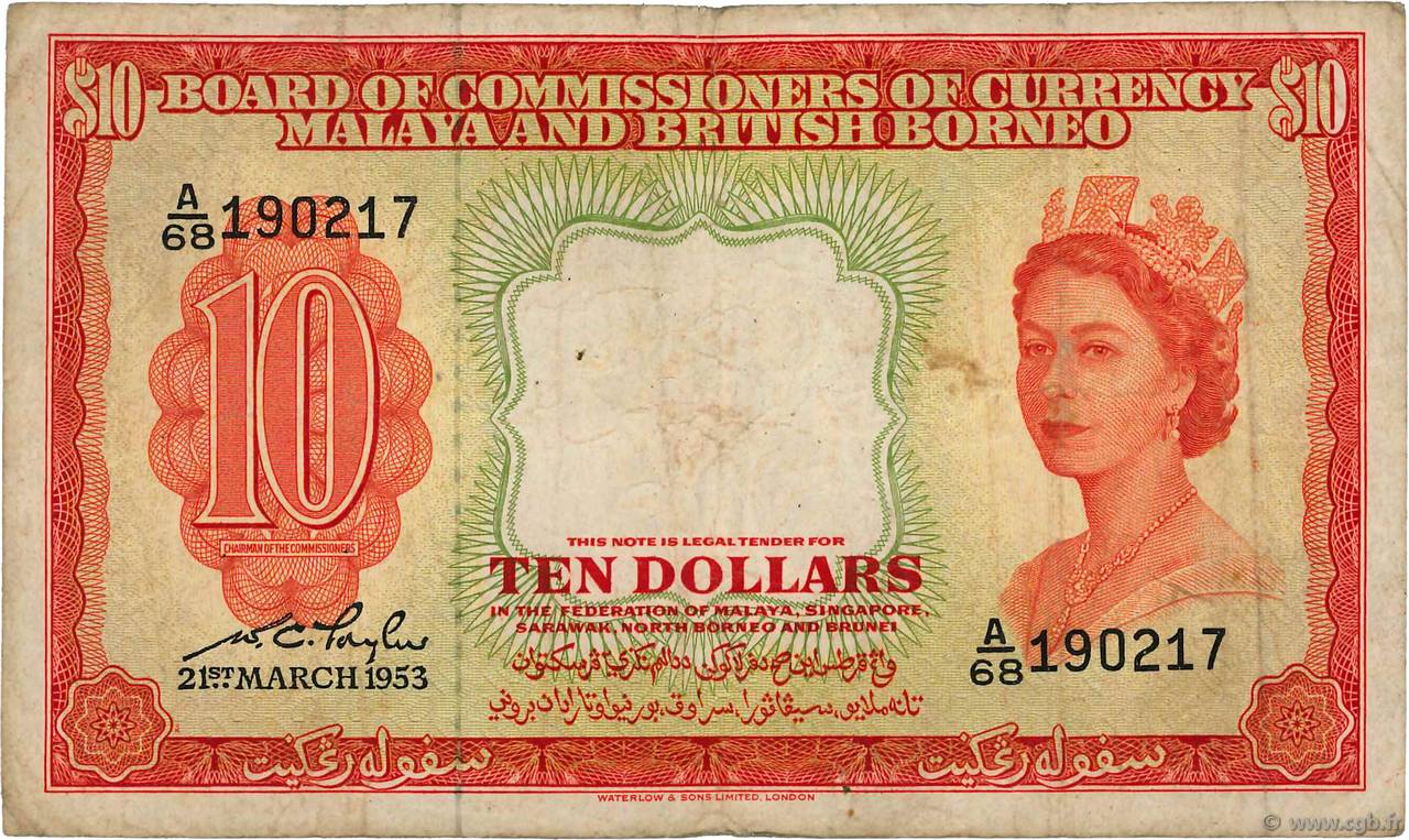 10 Dollars MALAISIE et BORNEO BRITANNIQUE  1953 P.03a TB