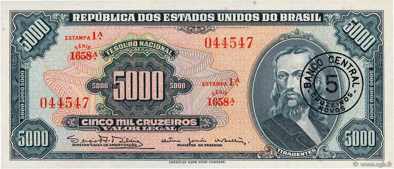 5 Cruzeiros Novos sur 5000 Cruzeiros BRASILIEN  1966 P.188a fST+