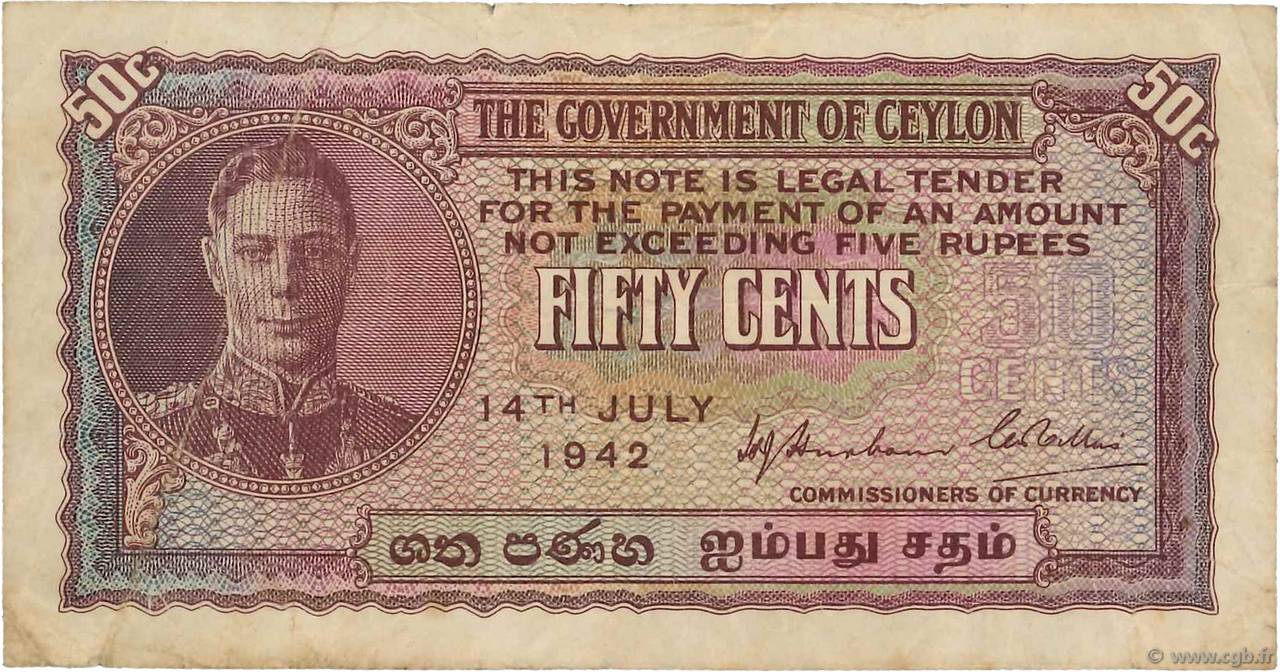 50 Cents CEYLON  1942 P.045a S