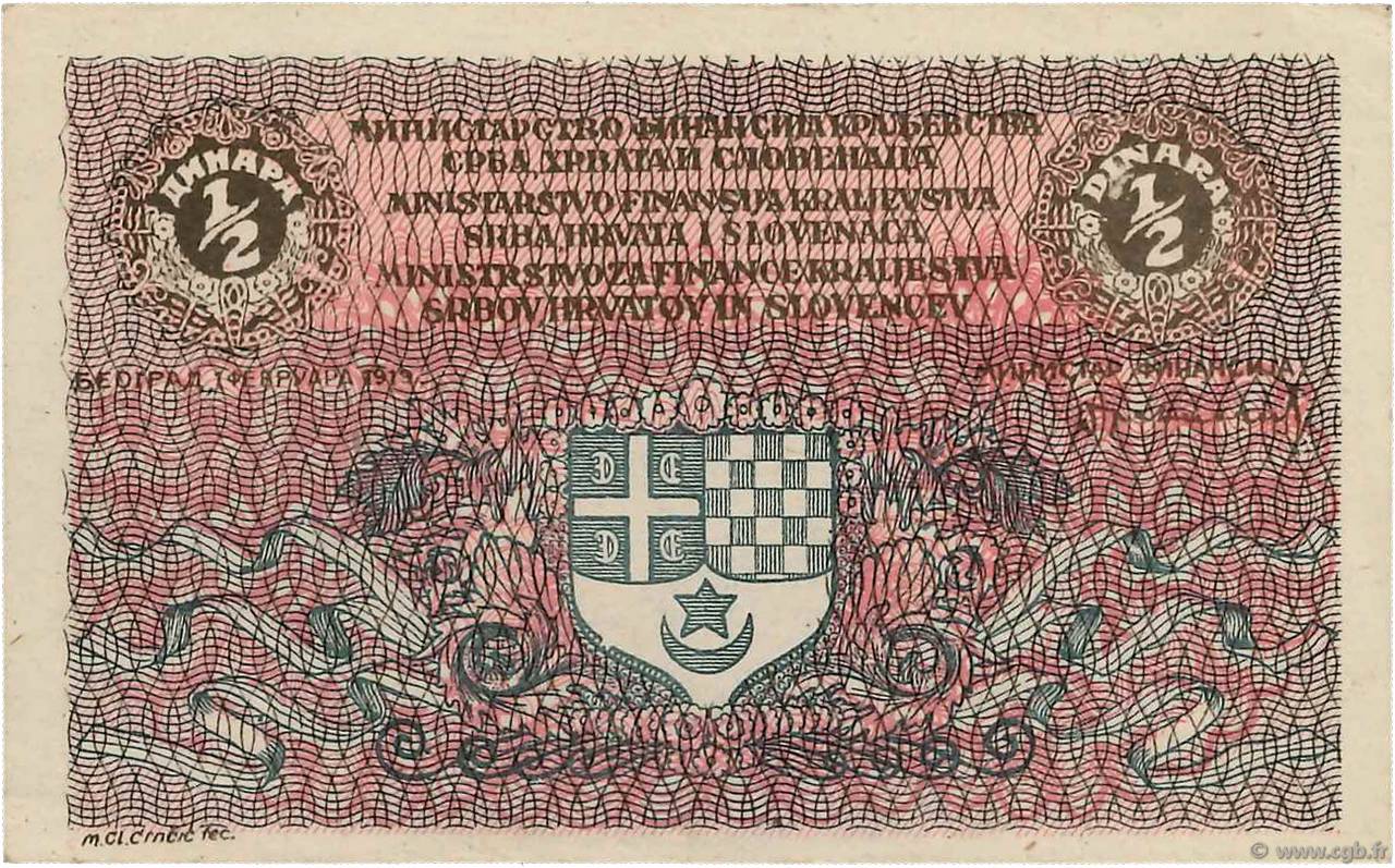 1/2 Dinar YUGOSLAVIA  1919 P.011 SC