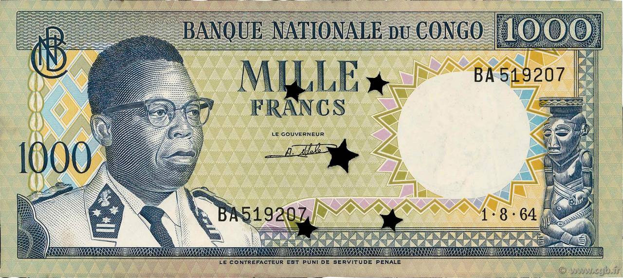 1000 Francs Annulé CONGO, DEMOCRATIC REPUBLIC  1964 P.008a AU