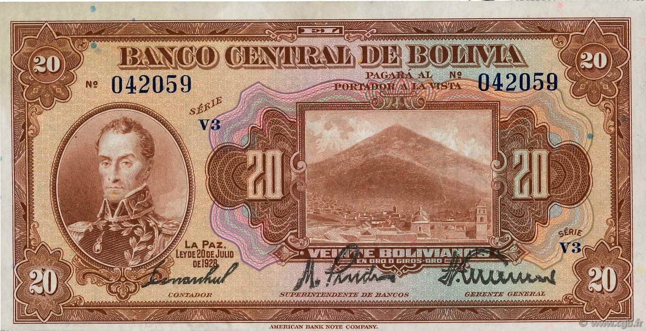 20 Bolivianos BOLIVIEN  1928 P.122a VZ