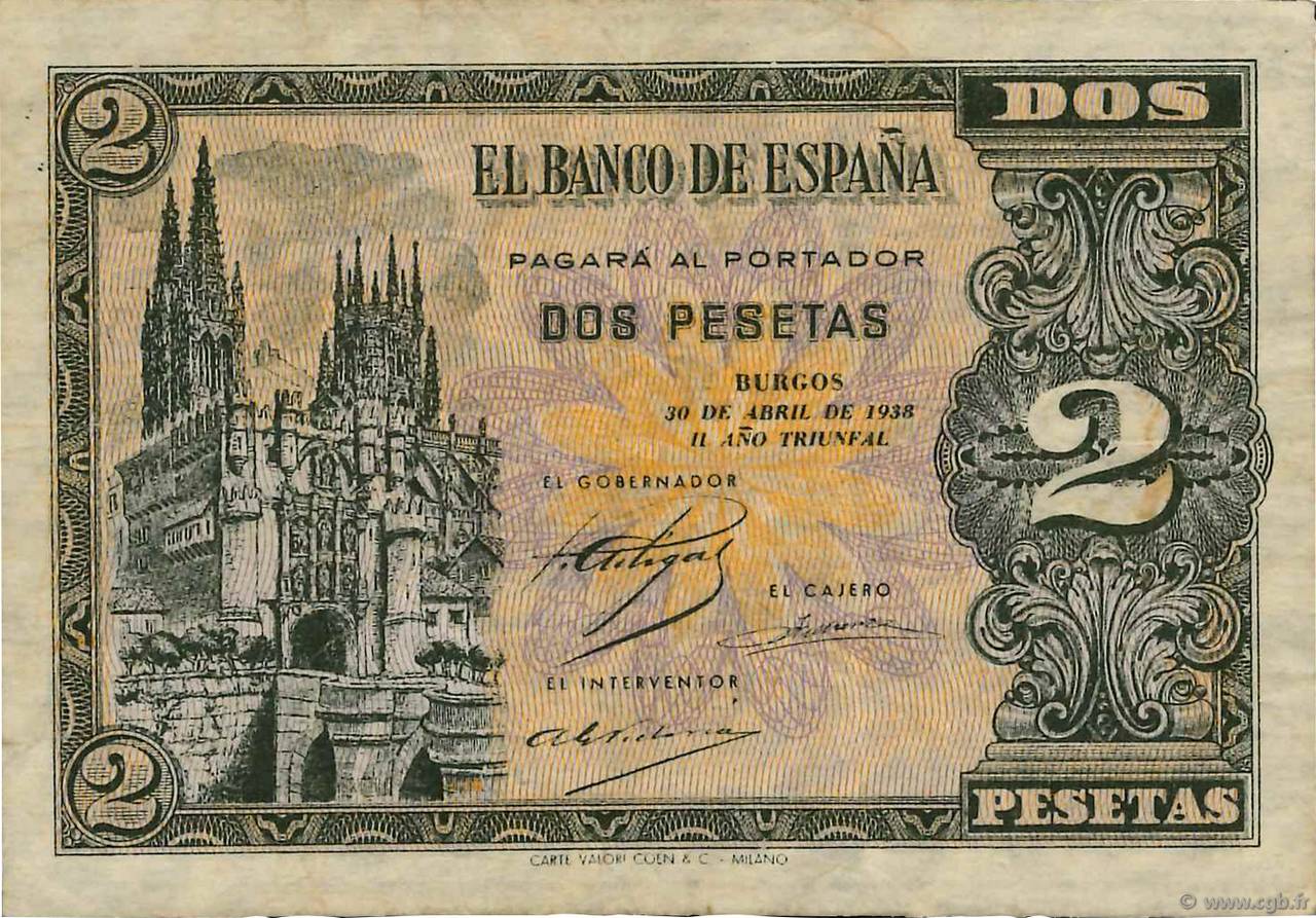 2 Pesetas SPANIEN  1938 P.109a fSS