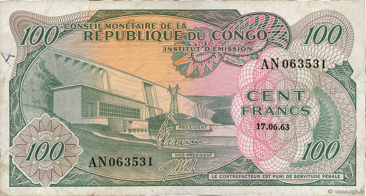 100 Francs REPUBBLICA DEMOCRATICA DEL CONGO  1963 P.001a MB