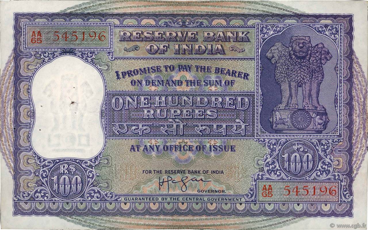 100 Rupees INDIA
  1957 P.044 q.SPL