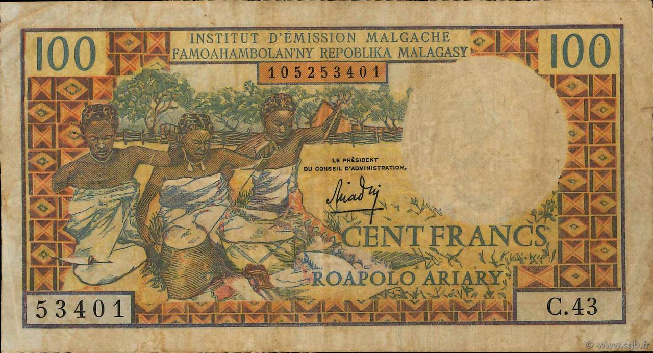 100 Francs - 20 Ariary MADAGASKAR  1964 P.057a S