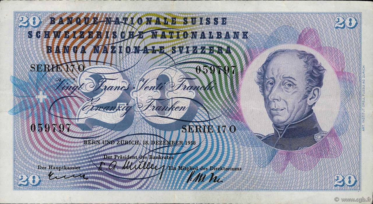 20 Francs SUISSE  1958 P.46f TTB