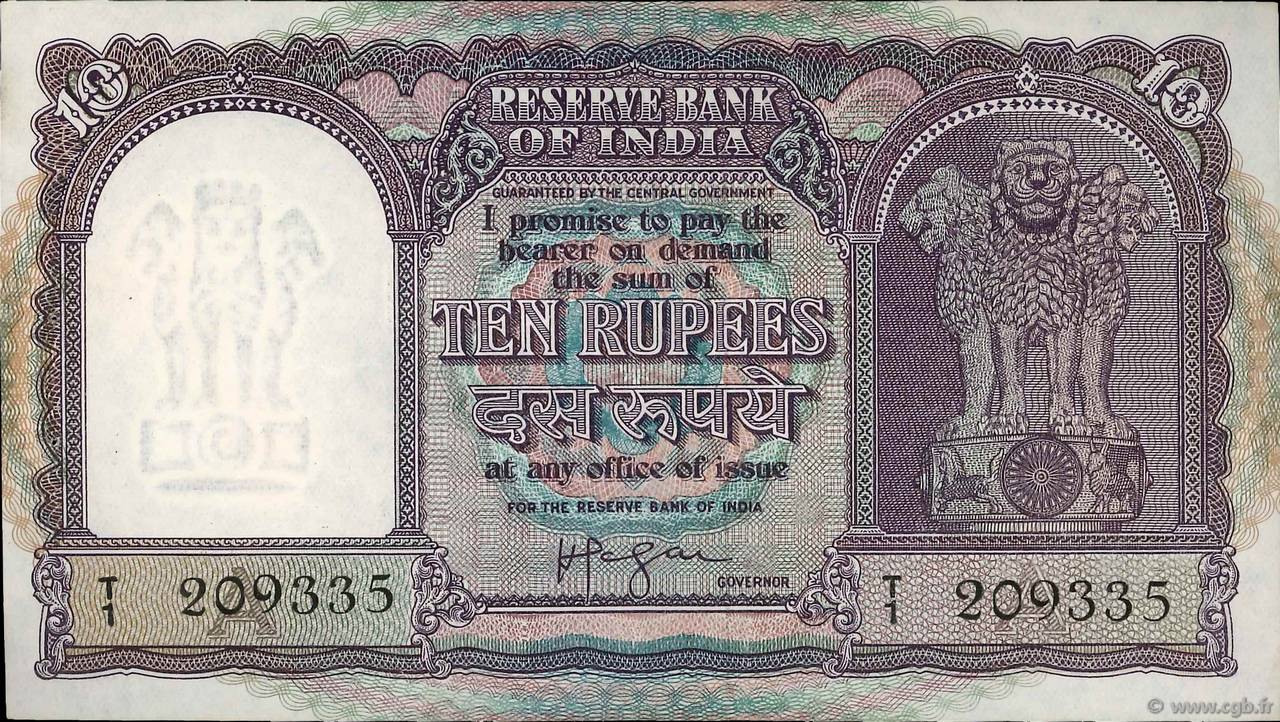 10 Rupees INDIEN  1957 P.039c VZ