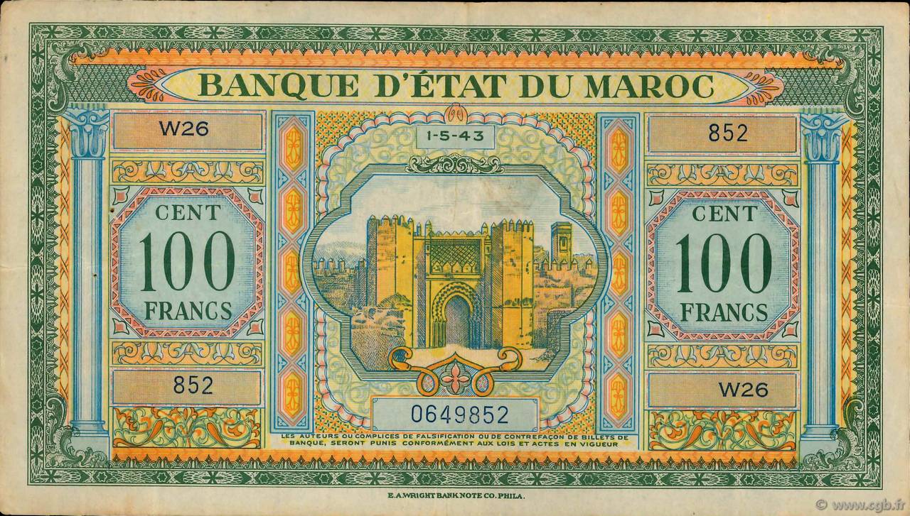 100 Francs MAROKKO  1943 P.27a SS