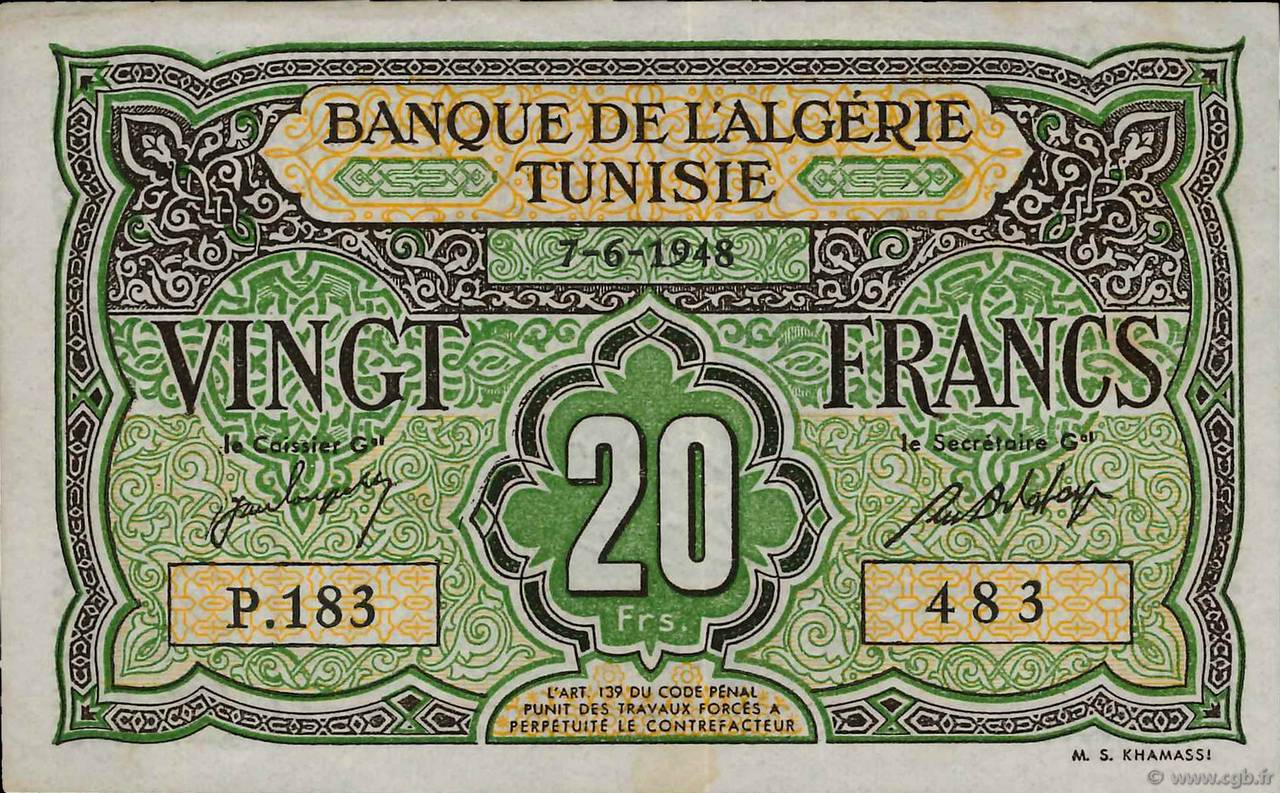 20 Francs TUNESIEN  1948 P.22 SS
