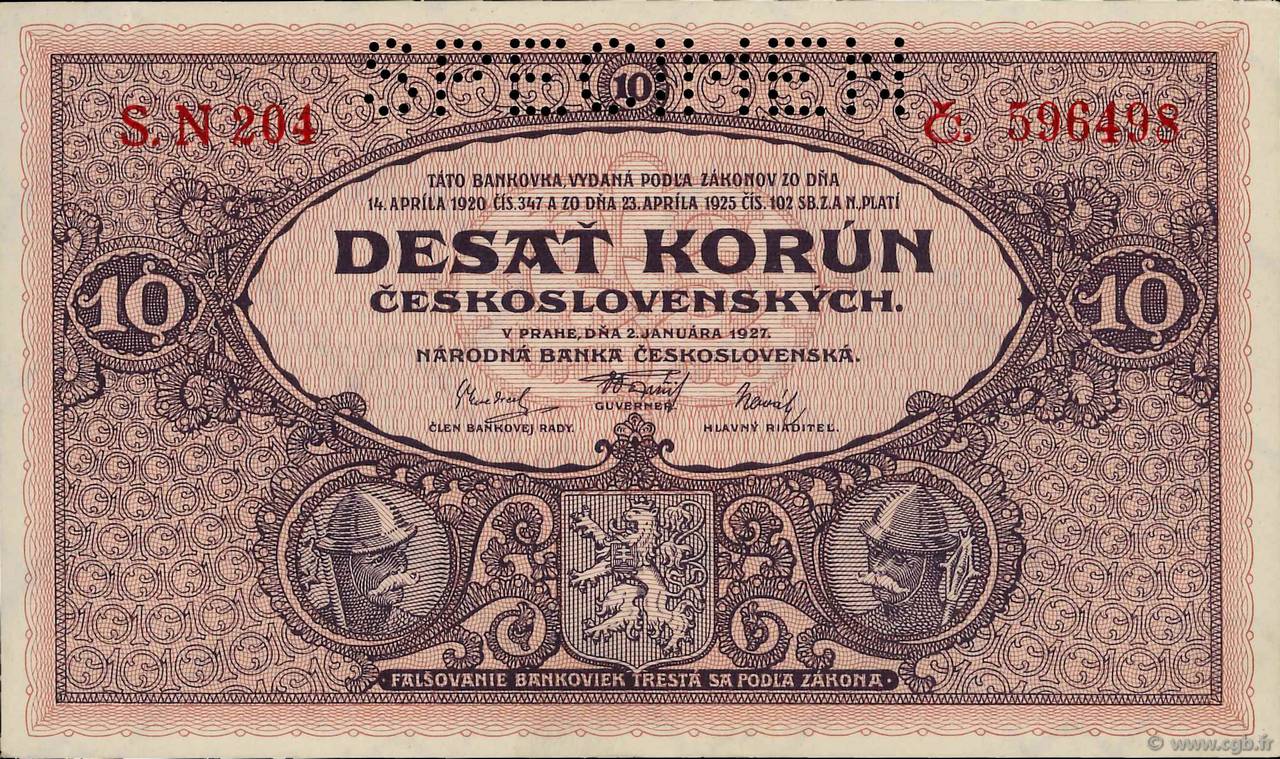 10 Korun Spécimen TCHÉCOSLOVAQUIE  1927 P.020s pr.NEUF