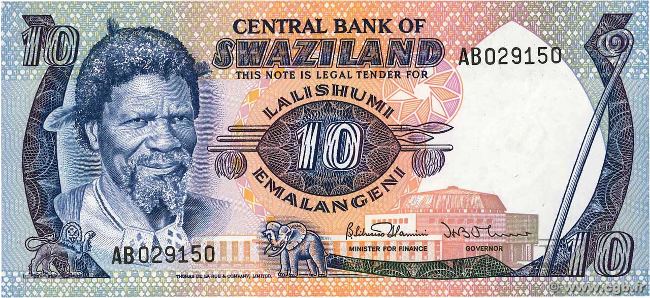 10 Emalangeni SWAZILAND  1985 P.10c NEUF