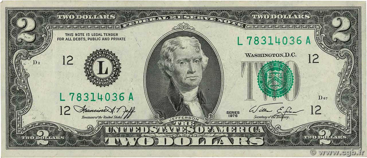 2 Dollars VEREINIGTE STAATEN VON AMERIKA San Francisco 1976 P.461 SS